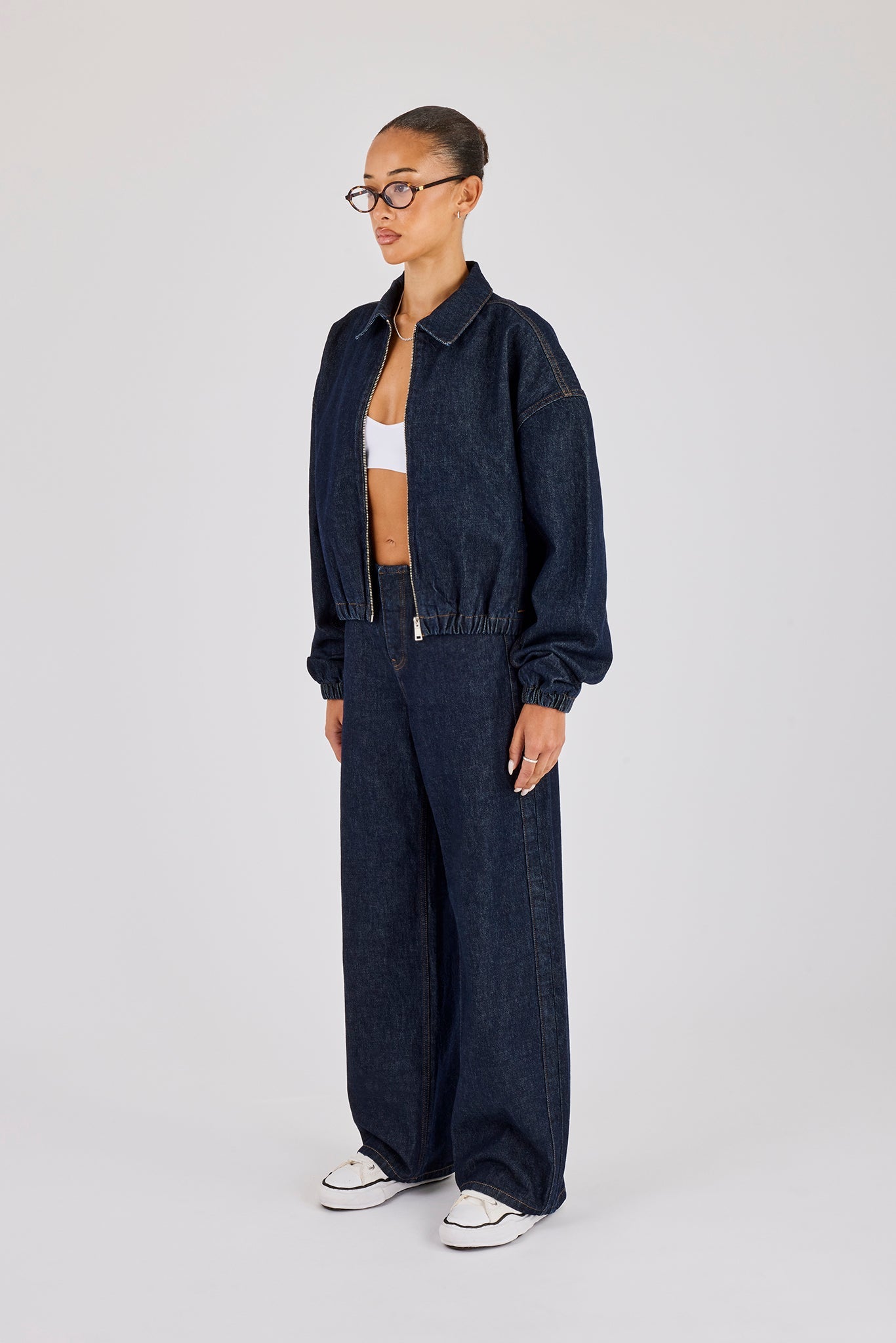 Contrast Stitch Denim Collared Bomber & Denim Jean - Indigo